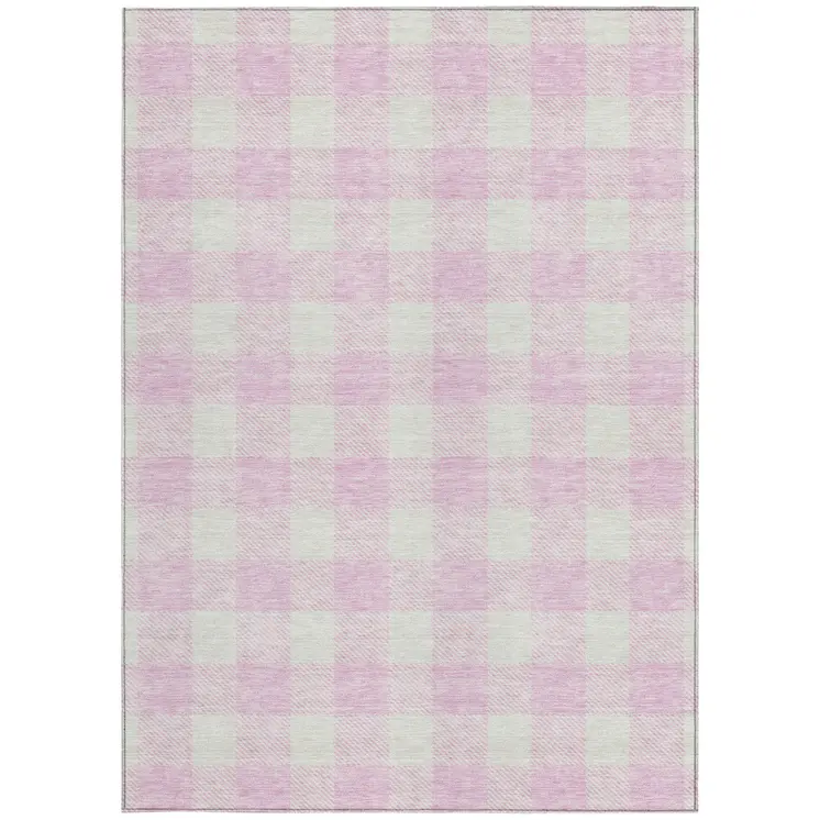 9' X 12' Pink And Gray Plaid Washable Indoor Outdoor Area Rug