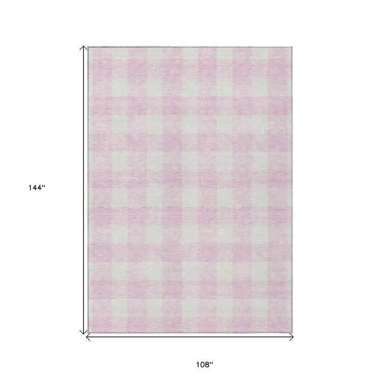 9' X 12' Pink And Gray Plaid Washable Indoor Outdoor Area Rug