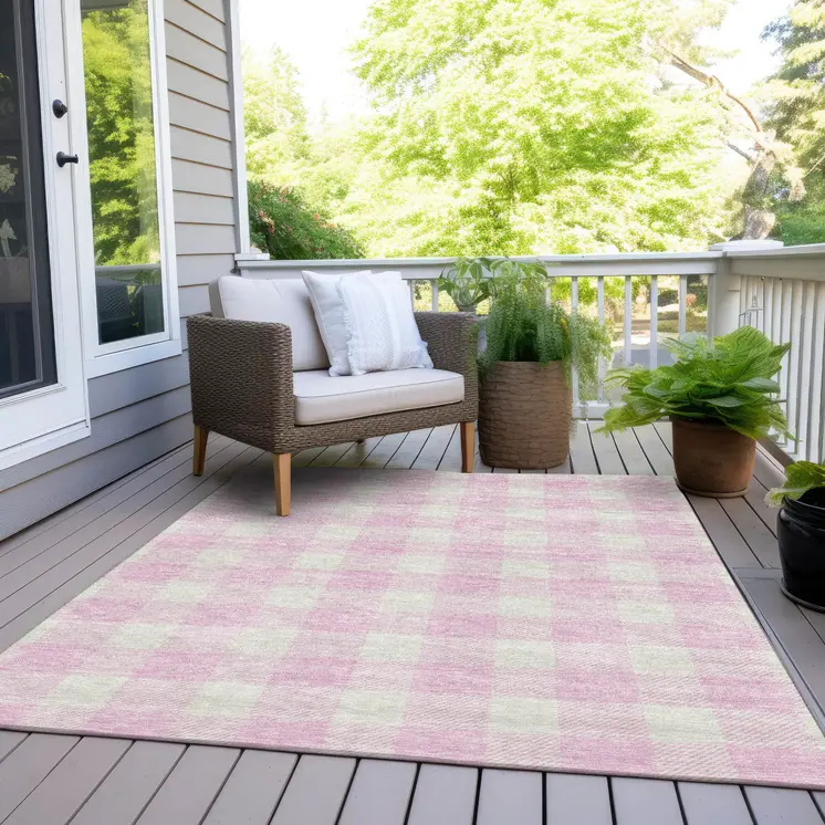 9' X 12' Pink And Gray Plaid Washable Indoor Outdoor Area Rug