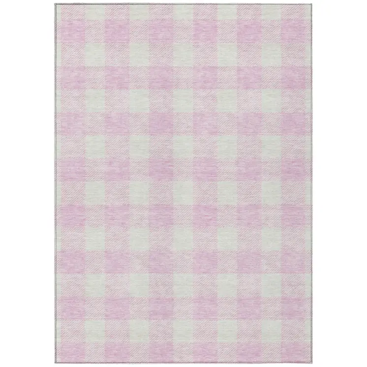 9' X 12' Pink And Gray Plaid Washable Indoor Outdoor Area Rug