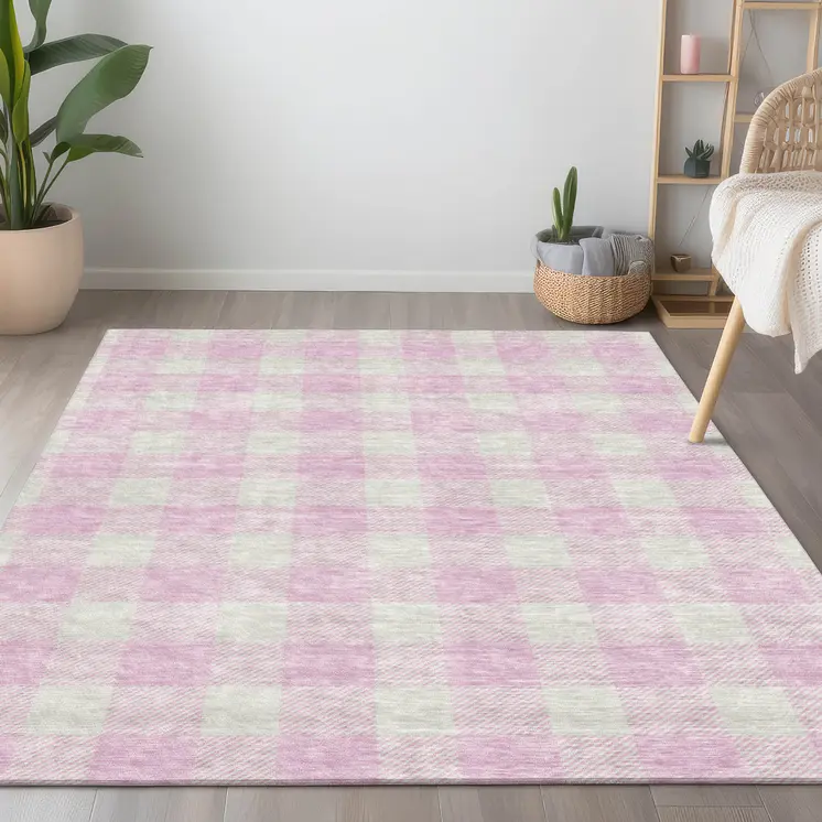 9' X 12' Pink And Gray Plaid Washable Indoor Outdoor Area Rug