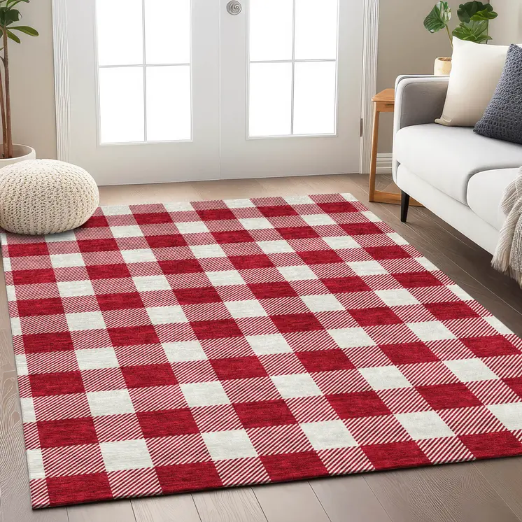 3' X 5' Red And Ivory Plaid Washable Indoor Outdoor Area Rug
