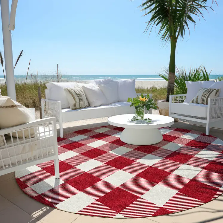 8' Red And Ivory Round Plaid Washable Indoor Outdoor Area Rug