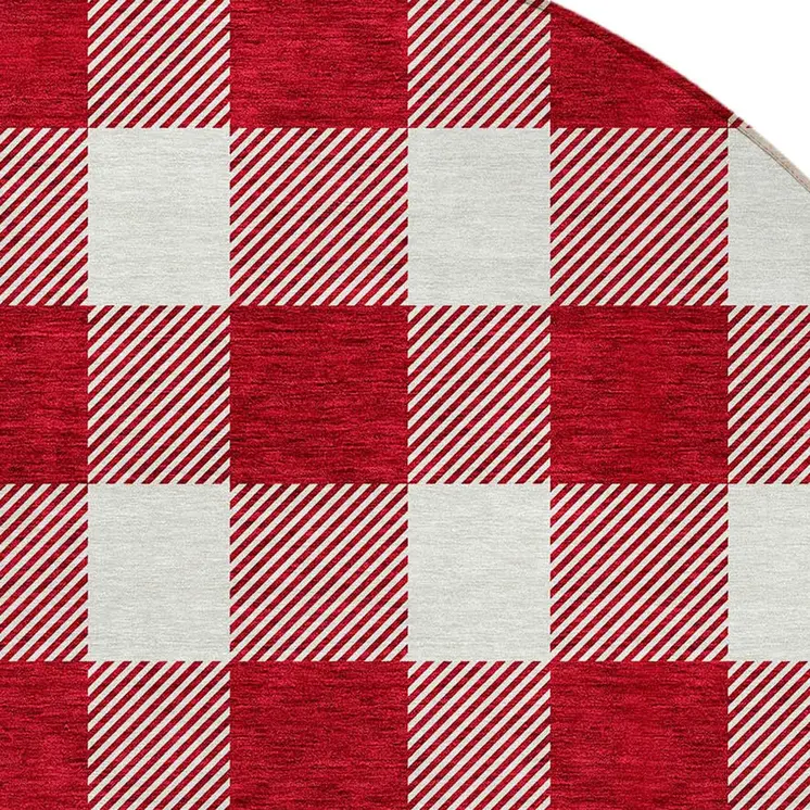 8' Red And Ivory Round Plaid Washable Indoor Outdoor Area Rug