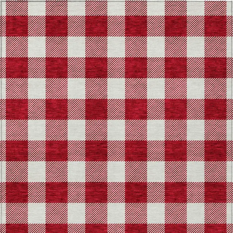 8' X 10' Red And Ivory Plaid Washable Indoor Outdoor Area Rug