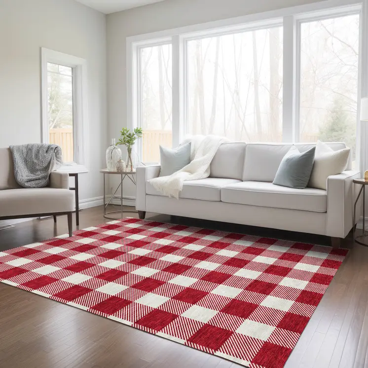 8' X 10' Red And Ivory Plaid Washable Indoor Outdoor Area Rug