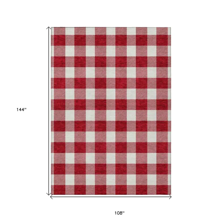 9' X 12' Red And Ivory Plaid Washable Indoor Outdoor Area Rug