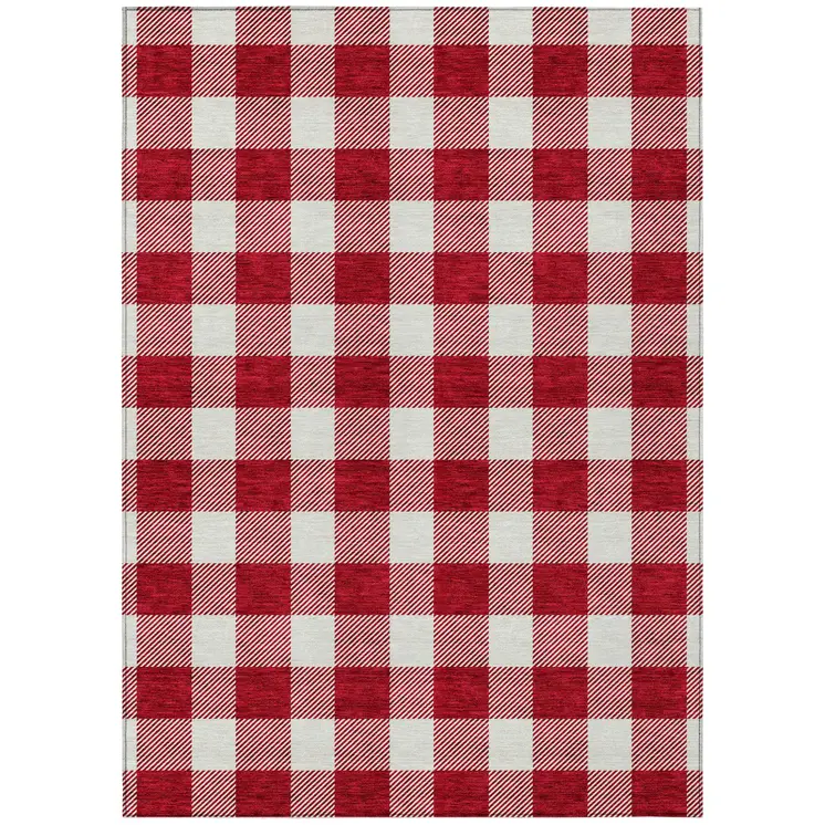 9' X 12' Red And Ivory Plaid Washable Indoor Outdoor Area Rug