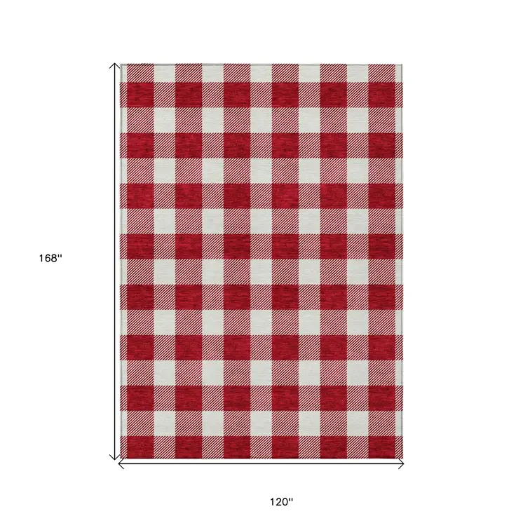10' X 14' Red And Ivory Plaid Washable Indoor Outdoor Area Rug