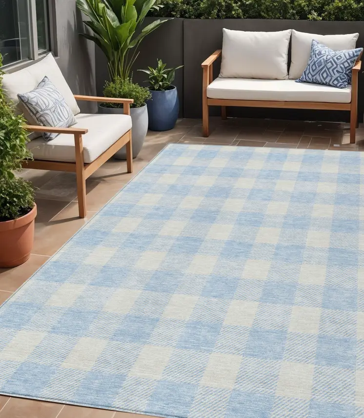 5' X 8' Sky Blue And Gray Plaid Washable Indoor Outdoor Area Rug