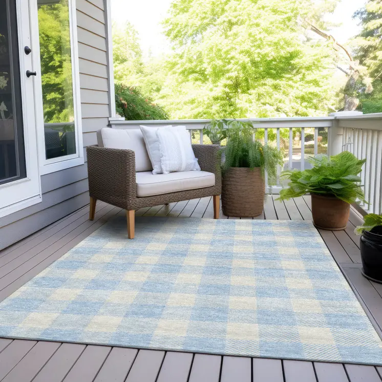 5' X 8' Sky Blue And Gray Plaid Washable Indoor Outdoor Area Rug