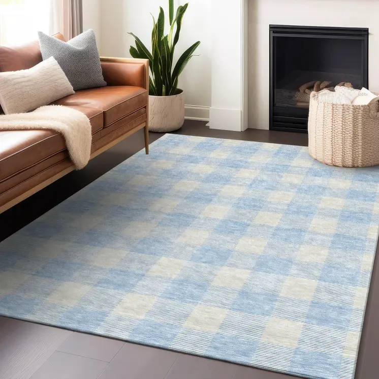 5' X 8' Sky Blue And Gray Plaid Washable Indoor Outdoor Area Rug