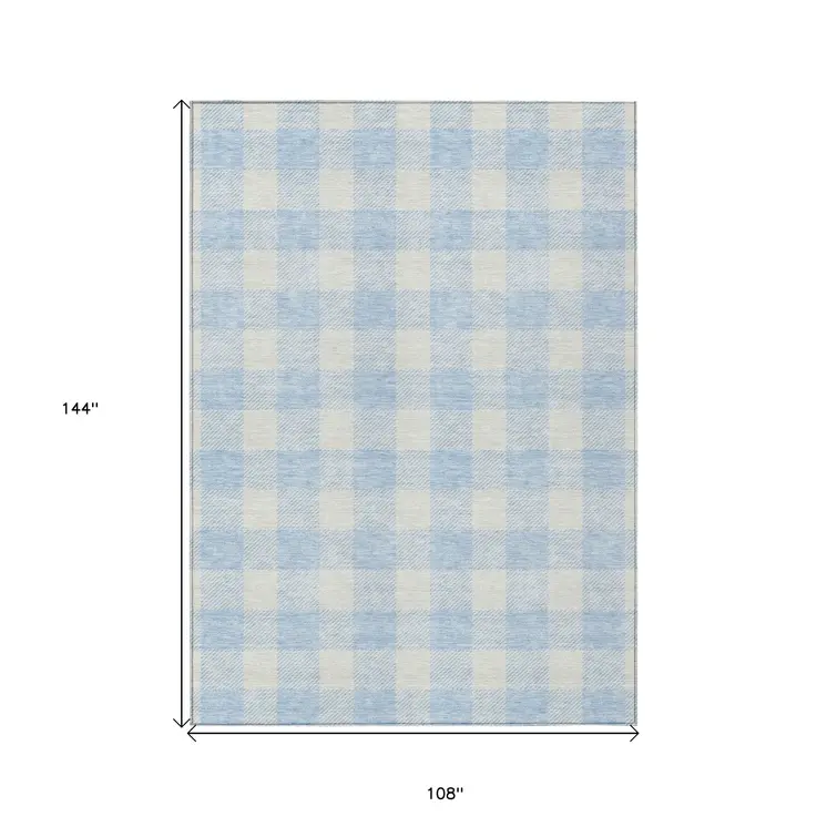 9' X 12' Sky Blue And Gray Plaid Washable Indoor Outdoor Area Rug