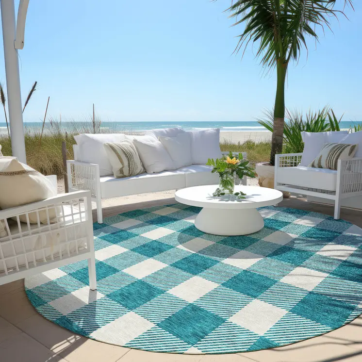 8' Teal Blue And Gray Round Plaid Washable Indoor Outdoor Area Rug