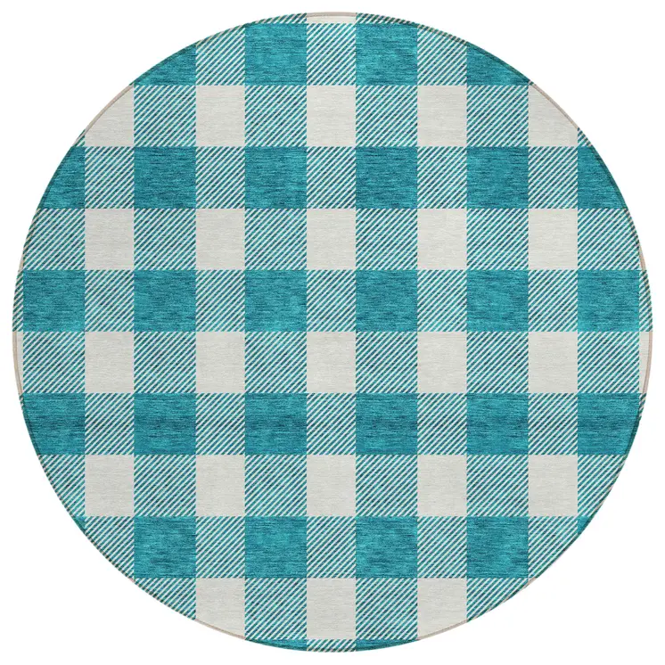 8' Teal Blue And Gray Round Plaid Washable Indoor Outdoor Area Rug