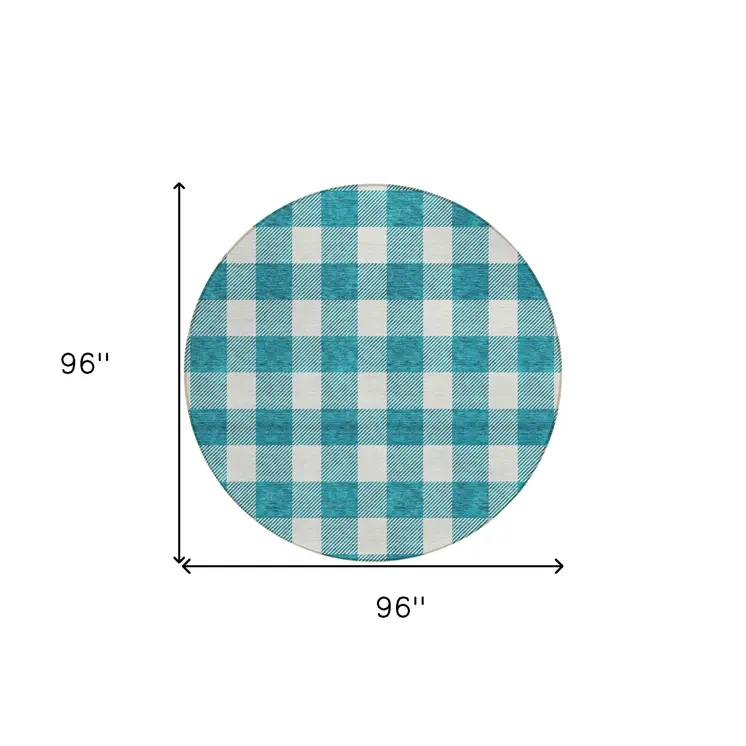 8' Teal Blue And Gray Round Plaid Washable Indoor Outdoor Area Rug