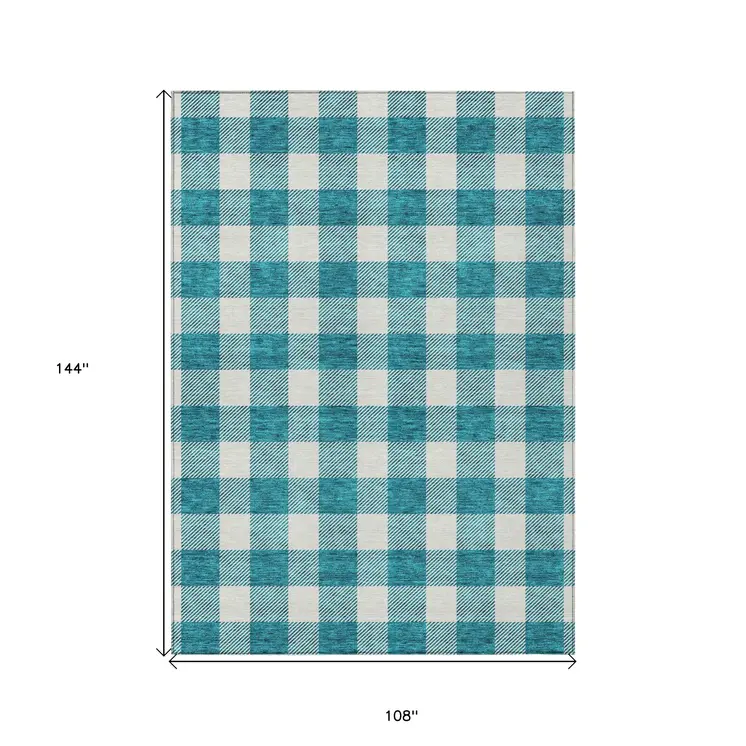 9' X 12' Teal Blue And Gray Plaid Washable Indoor Outdoor Area Rug
