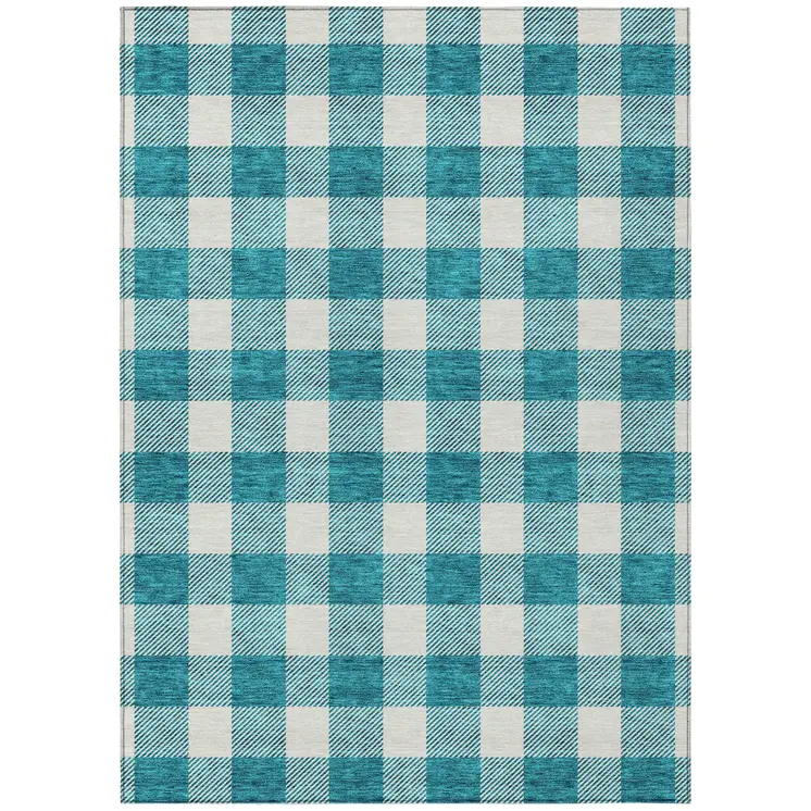 10' X 14' Teal Blue And Gray Plaid Washable Indoor Outdoor Area Rug