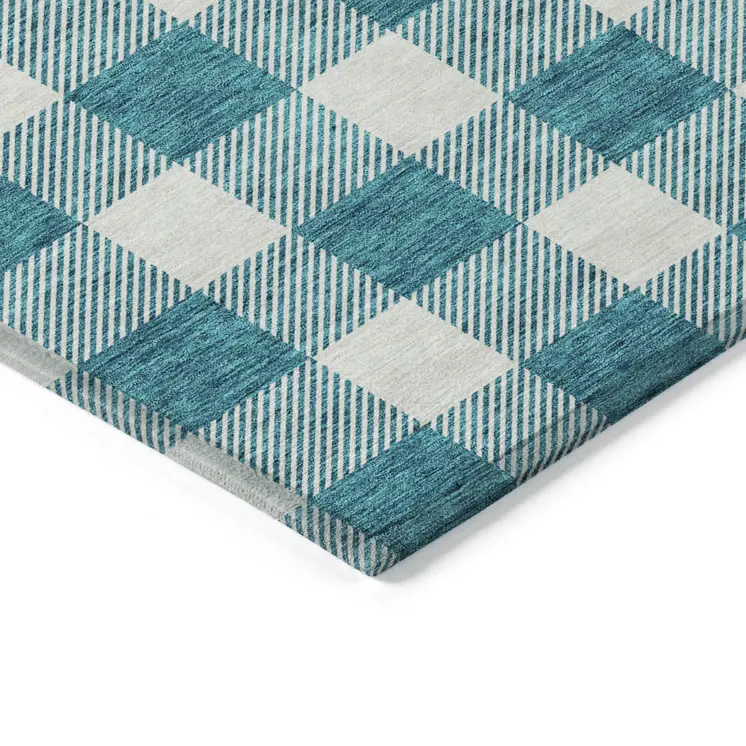 10' X 14' Teal Blue And Gray Plaid Washable Indoor Outdoor Area Rug