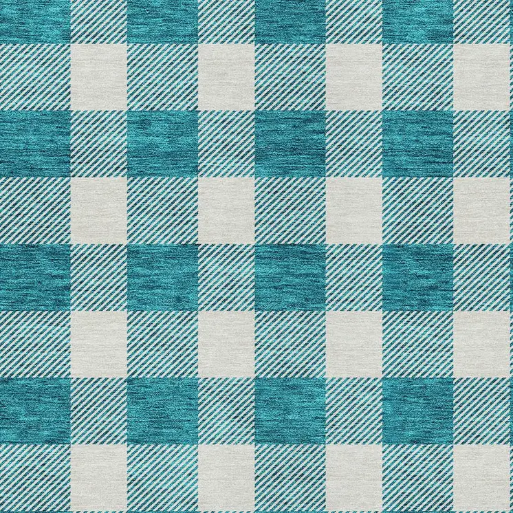 10' X 14' Teal Blue And Gray Plaid Washable Indoor Outdoor Area Rug