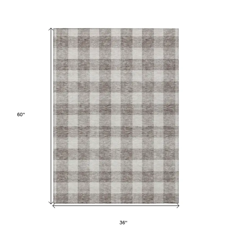 3' X 5' Taupe And Gray Plaid Washable Indoor Outdoor Area Rug