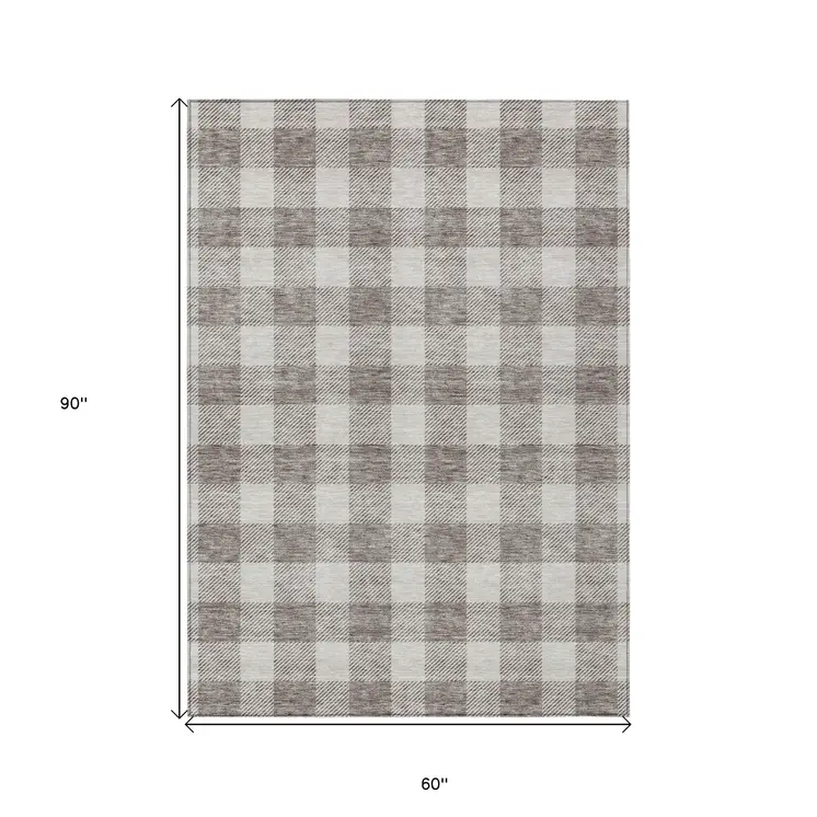5' X 8' Taupe And Gray Plaid Washable Indoor Outdoor Area Rug