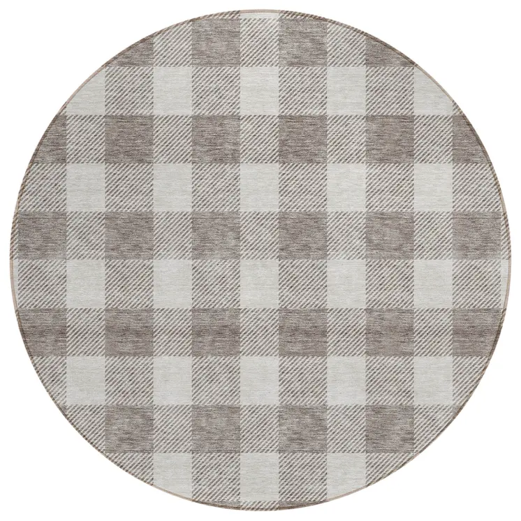 8' Taupe And Gray Round Plaid Washable Indoor Outdoor Area Rug