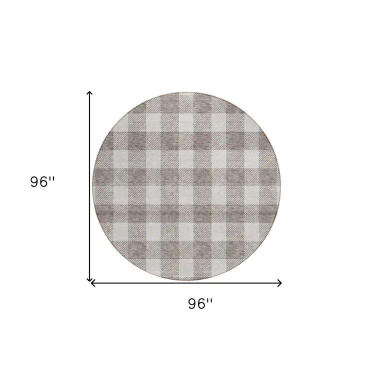 8' Taupe And Gray Round Plaid Washable Indoor Outdoor Area Rug