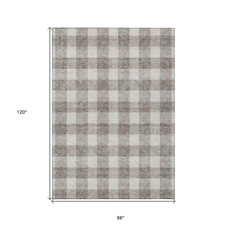 8' X 10' Taupe And Gray Plaid Washable Indoor Outdoor Area Rug