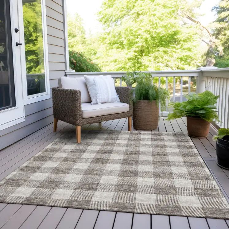 8' X 10' Taupe And Gray Plaid Washable Indoor Outdoor Area Rug