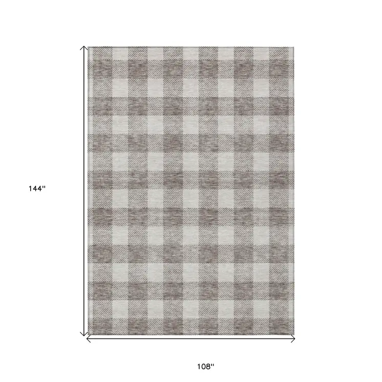9' X 12' Taupe And Gray Plaid Washable Indoor Outdoor Area Rug