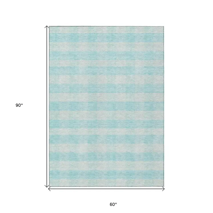 5' X 8' Aqua And Ivory Plaid Washable Indoor Outdoor Area Rug