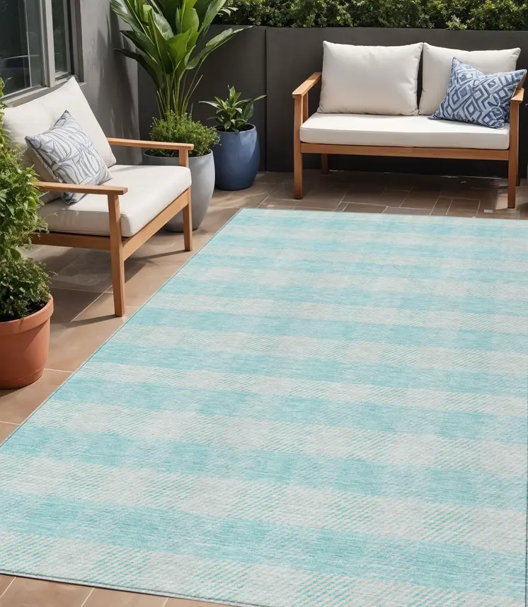 5' X 8' Aqua And Ivory Plaid Washable Indoor Outdoor Area Rug