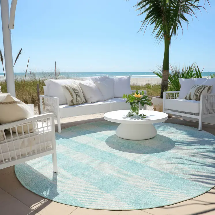 8' Aqua And Ivory Round Plaid Washable Indoor Outdoor Area Rug