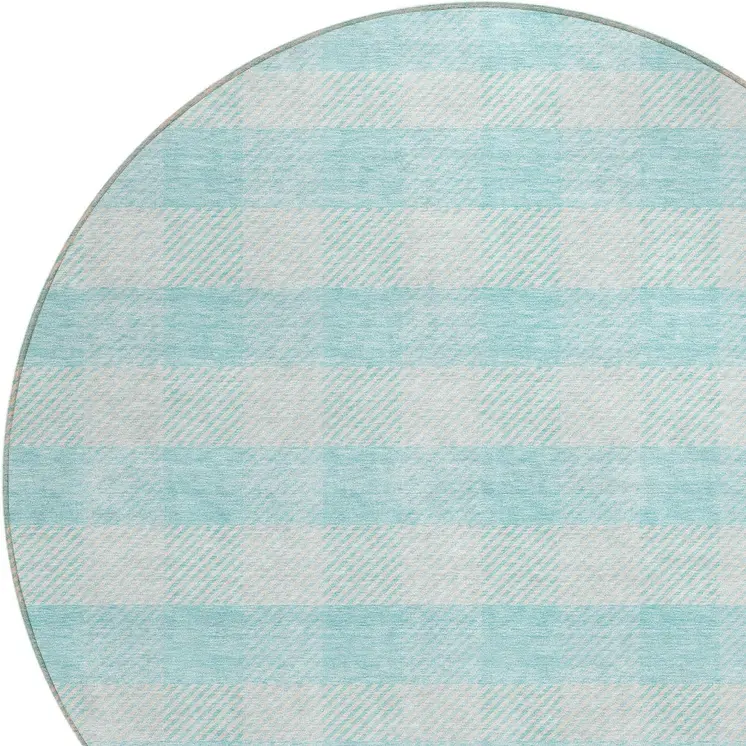 8' Aqua And Ivory Round Plaid Washable Indoor Outdoor Area Rug