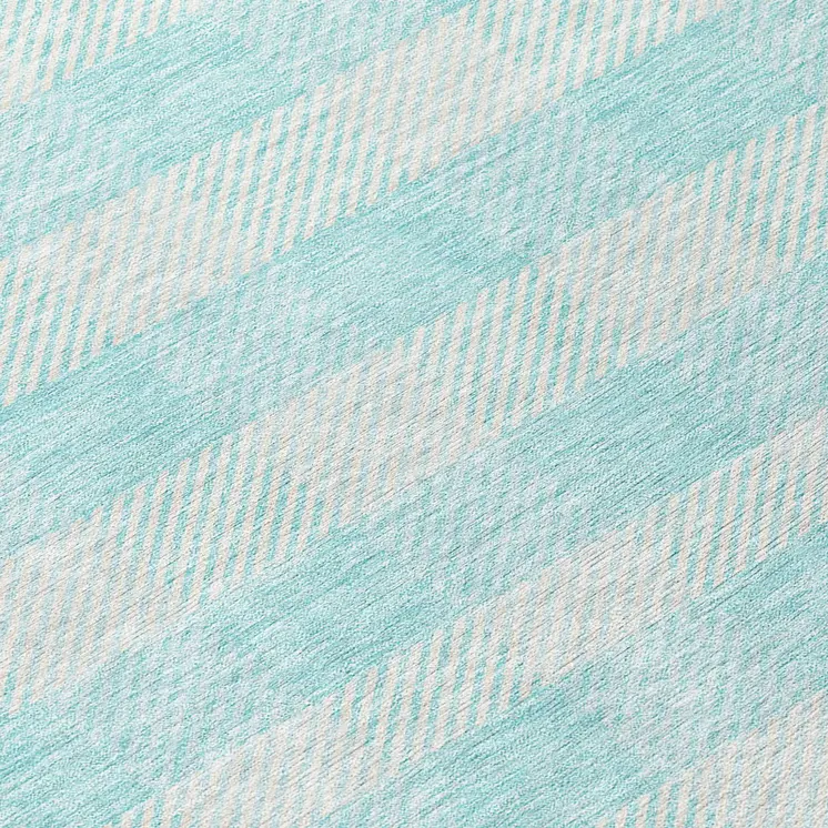 8' Aqua And Ivory Round Plaid Washable Indoor Outdoor Area Rug