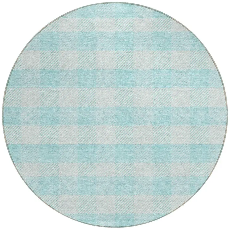 8' Aqua And Ivory Round Plaid Washable Indoor Outdoor Area Rug