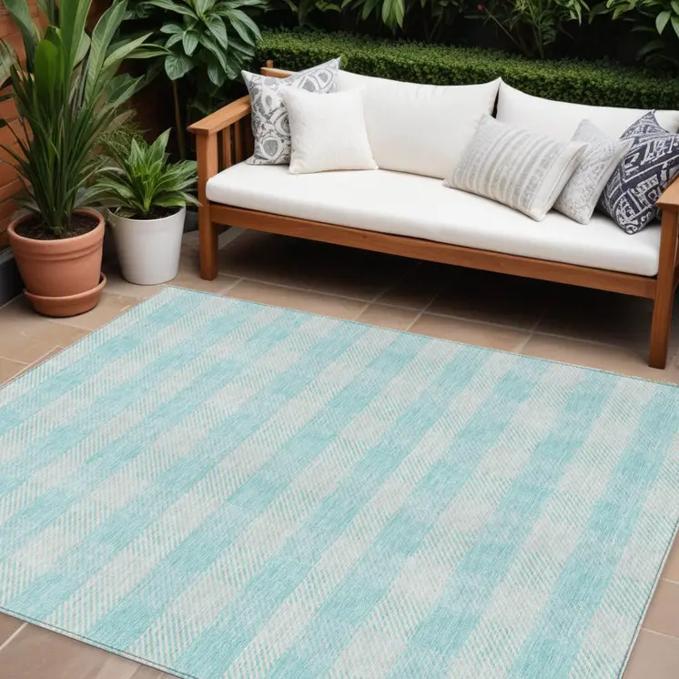 8' X 10' Aqua And Ivory Plaid Washable Indoor Outdoor Area Rug