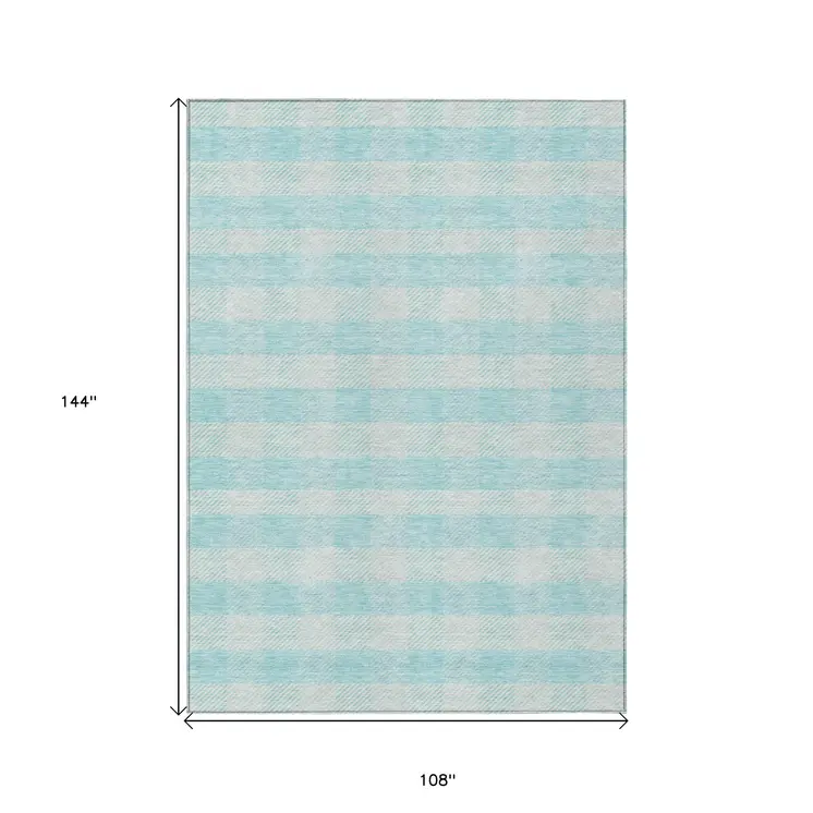 9' X 12' Aqua And Ivory Plaid Washable Indoor Outdoor Area Rug