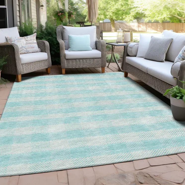 9' X 12' Aqua And Ivory Plaid Washable Indoor Outdoor Area Rug