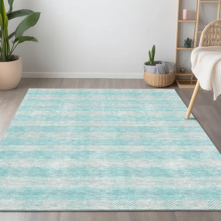 9' X 12' Aqua And Ivory Plaid Washable Indoor Outdoor Area Rug