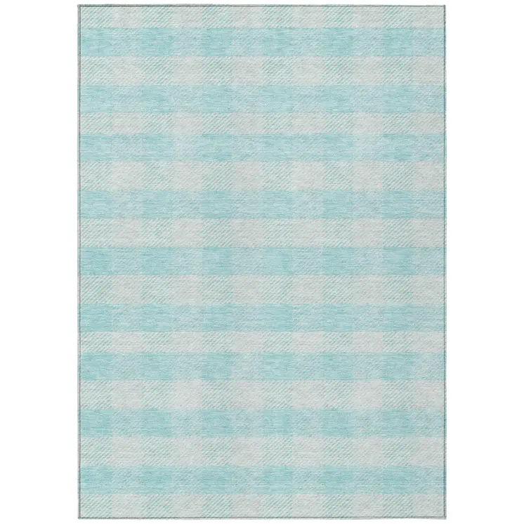 10' X 14' Aqua And Ivory Plaid Washable Indoor Outdoor Area Rug