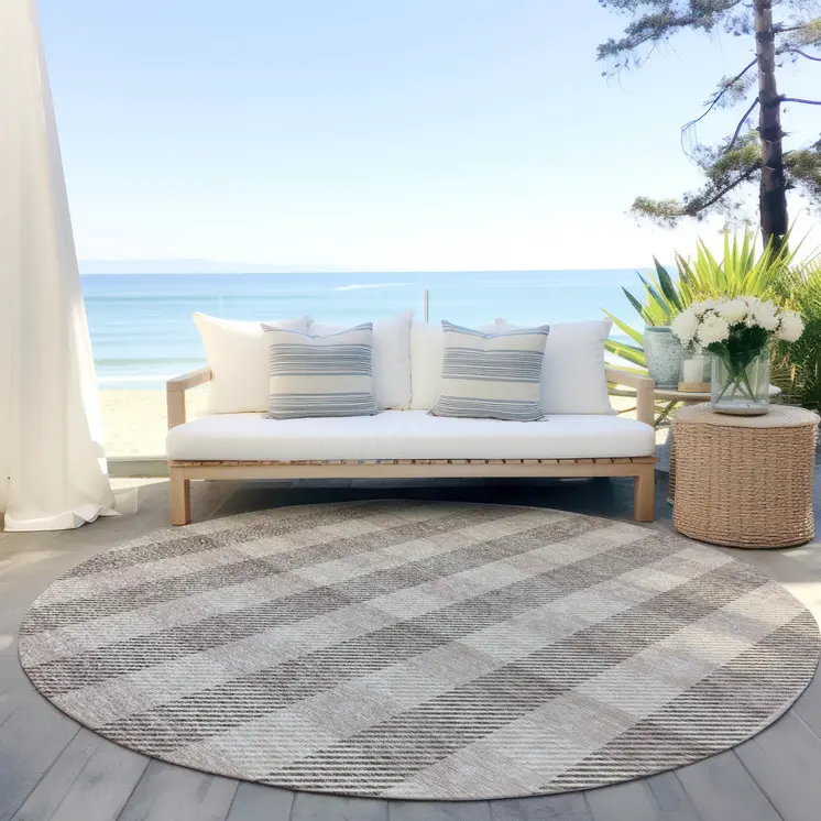 8' Beige And Brown Round Plaid Washable Indoor Outdoor Area Rug