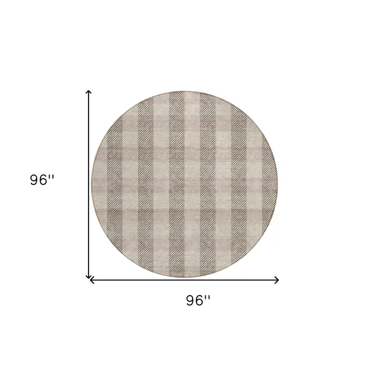 8' Beige And Brown Round Plaid Washable Indoor Outdoor Area Rug