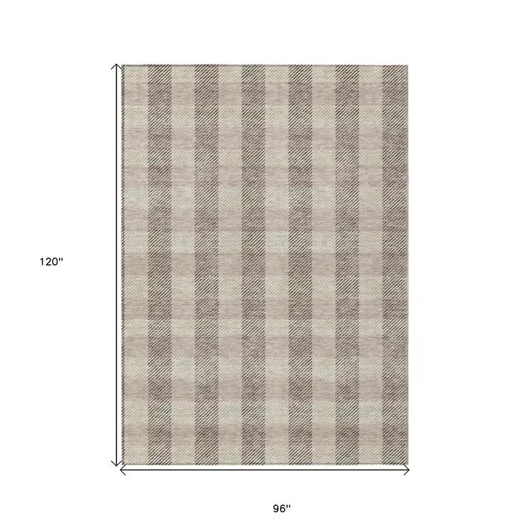 8' X 10' Beige And Brown Plaid Washable Indoor Outdoor Area Rug