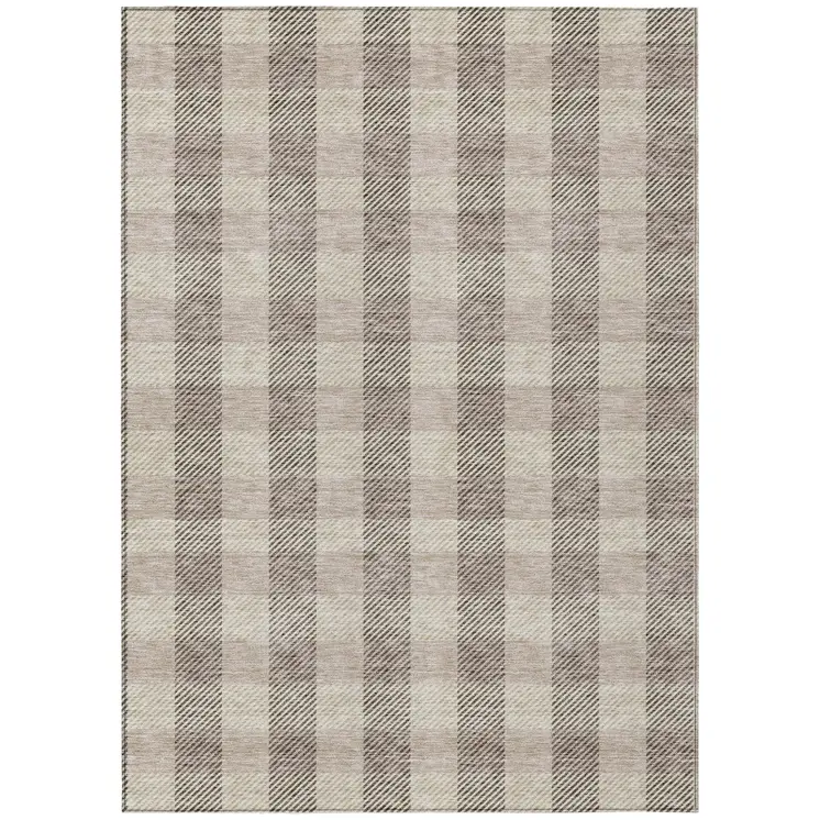 8' X 10' Beige And Brown Plaid Washable Indoor Outdoor Area Rug