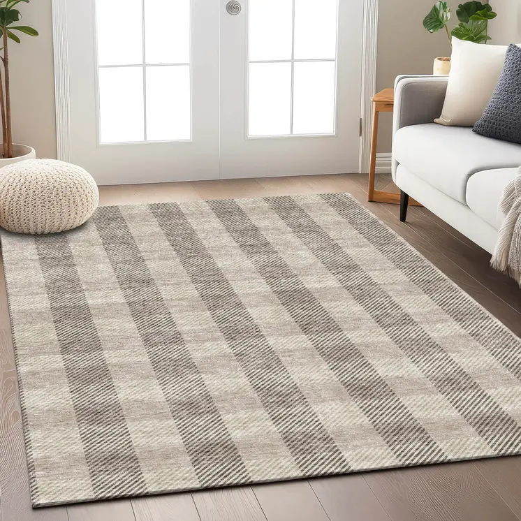 8' X 10' Beige And Brown Plaid Washable Indoor Outdoor Area Rug