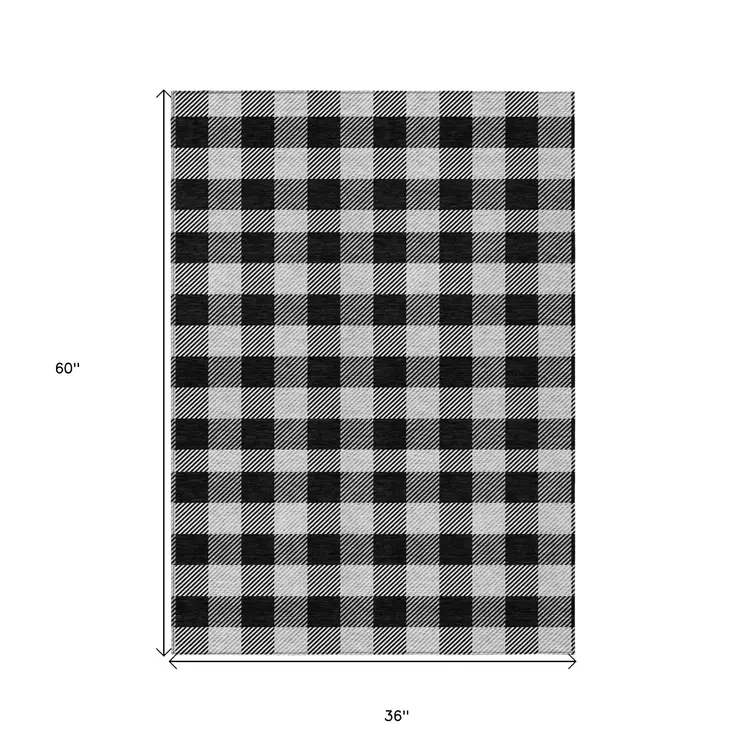 3' X 5' Black Gray And Ivory Plaid Washable Indoor Outdoor Area Rug