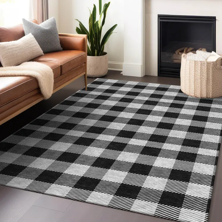 3' X 5' Black Gray And Ivory Plaid Washable Indoor Outdoor Area Rug