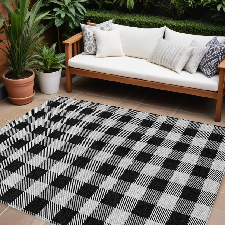 8' X 10' Black Gray And Ivory Plaid Washable Indoor Outdoor Area Rug